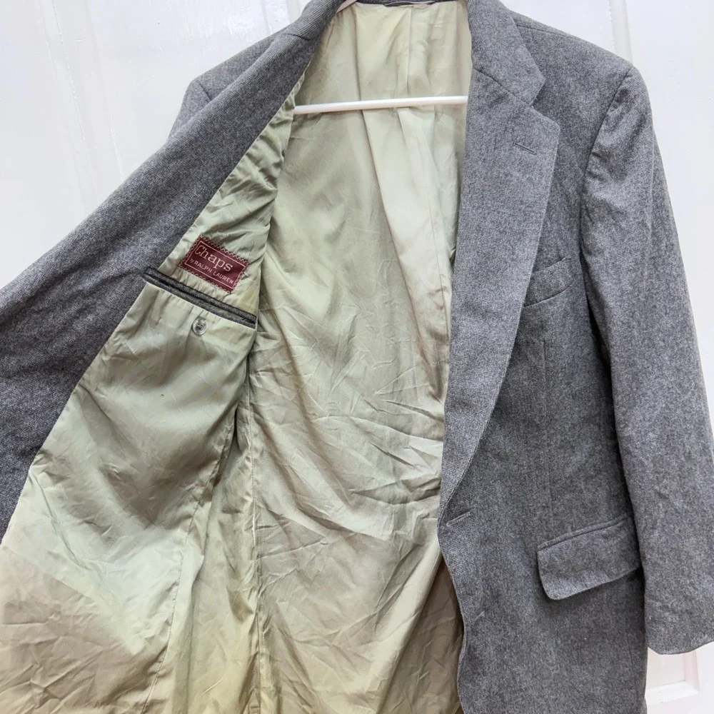 Vintage Chaps Ralph Lauren Mens Grey Virgin Wool 2 Piece Suit Jacket Vest Tweed